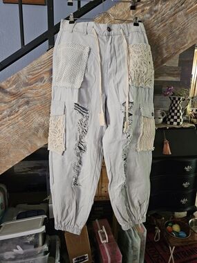 Light Denim Blue Patchwork Cargo Jogger Pants